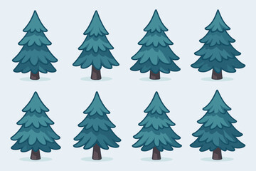 Obraz premium Fir tree icon collection in blue tones. Set of evergreen pine trees with stylized shapes