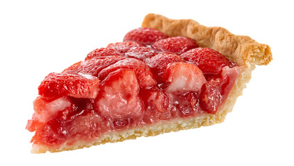 Obraz premium Strawberry rhubarb pie slice closeup with red and pink filling and crisp flaky crust for national pie day