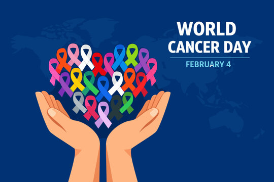 World cancer day awareness illustration with colorful ribbons held in caring hands