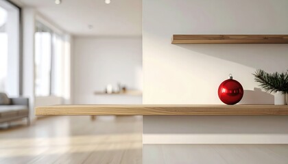 Wooden shelf with red christmas ball on it and christmas tree in.