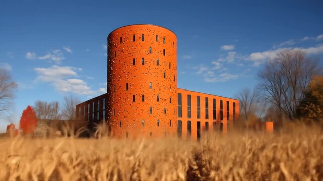 A modern structure with a circular tower and connected buildings. Wheat field and blue sky compose landscape