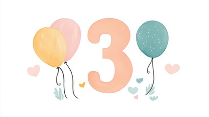 Charming Delicate Number Three Balloon Illustration in Soft Pastel Colors for Birthday Celebrations