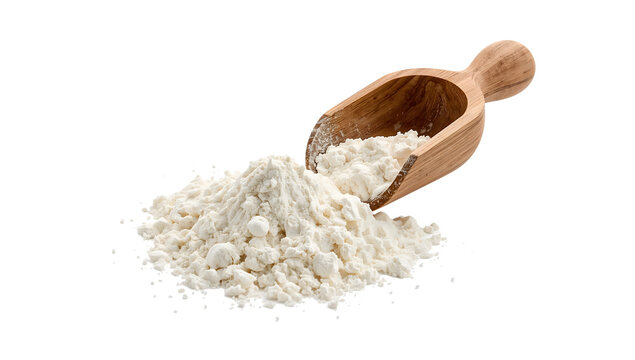 Allpurpose flour for national pie day, airy texture, small mound spilled beside wooden scoop isolated on the transparent background