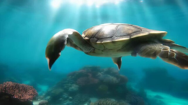 A young turtle swims through a school of fish in a clear ocean with coral near a tropical shore