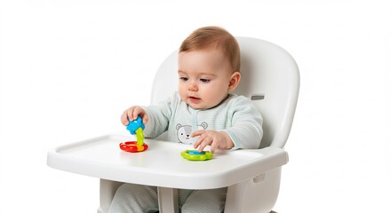 明るいスタジオ照明が優しく照らす白いハイチェアに座りカラフルなおもちゃに夢中な無邪気な赤ちゃん好奇心に満ちた表情. AI Generated