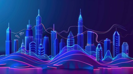 Digital cityscape with glowing outlines, waves, and a vibrant color scheme