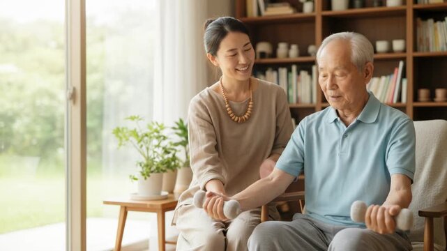 Senior man and caregiver support home therapy in light living room, dumbbell workout for wellness and active aging with gentle family care