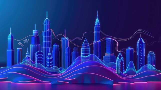 Digital cityscape with glowing outlines, waves, and a vibrant color scheme - Powered by Adobe