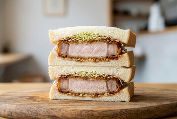 Close-up of stacked thick-cut Japanese pork katsu sando on wooden board with copy space