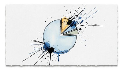 Watercolor illustration of a deconstructed pie chart with ink splatters. Dynamic data analysis concept for business reports. Copy space