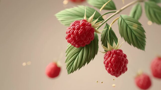 Vibrant red raspberries hanging from lush green leaves in a beautifully crafted 3D illustration showcasing the intricate details of nature's bounty with soft background elements enhancing visual appea
