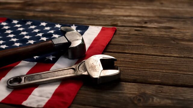 Tools placed on an American flag on a wooden table