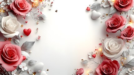 Soft pink and white roses arranged with silver leaves and glowing hearts on a white background for romantic design projects.