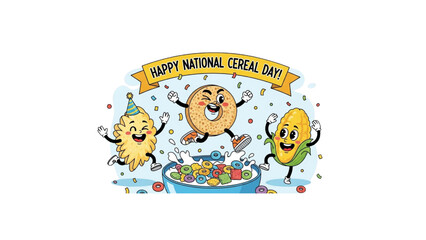 happy national cereal day banner with cute jumping cereal mascots