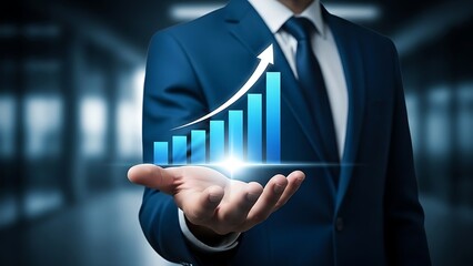 Businessman in a suit holds a glowing rising bar graph and arrow symbolizing financial growth and successful business strategy in a modern office