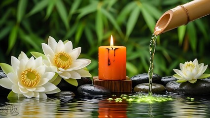 Tranquil zen spa scene with a lit orange candle white lotus flowers smooth black stones and water cascading from a bamboo spout creating a serene