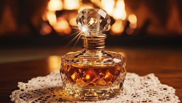 Elegant perfume bottle on lace doily