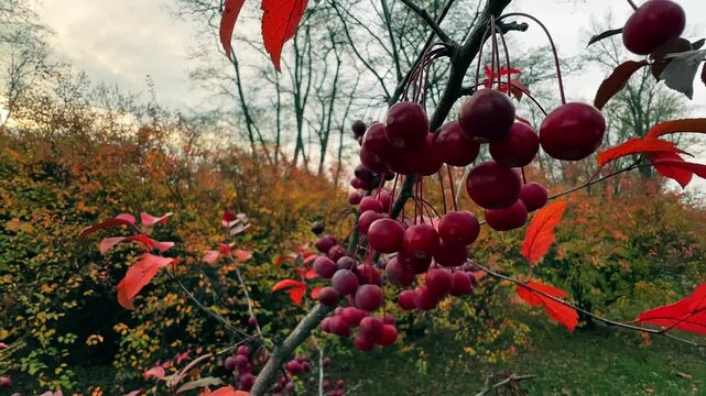 A Mokum apple tree with red foliage and apples