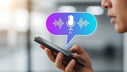 Ai voice assistant technology interacting with a person using a smartphone for digital communication and voice commands with speech recognition