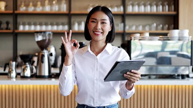 Smiling Asian barista showing OK gesture, holding a digital tablet behind the counter of a modern coffee shop. Represents excellent customer service, quality, and small business success.