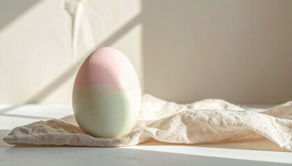 Pink and green egg sitting on top of white cloth next to.