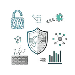 Collection of cybersecurity icons including shield, lock, key, and circuit board graphics on white background with blue and grey tones, conveying security and technology concepts.