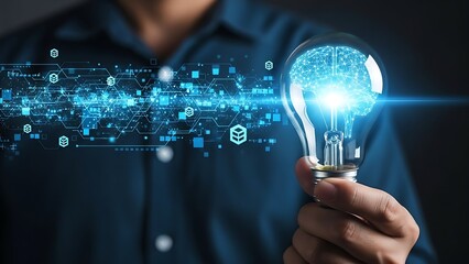 Innovation and artificial intelligence concept illustrated by a glowing brain inside a lightbulb with digital network connections and blockchain