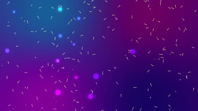 Abstract digital background featuring a vibrant blue to purple gradient with glowing neon bokeh circles and scattered white dash particles. The futuristic scene displays a cosmic energy with dynamic.