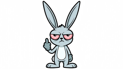 Cartoon gray rabbit character with exaggerated red eyes looking annoyed while making an offensive hand gesture illustration