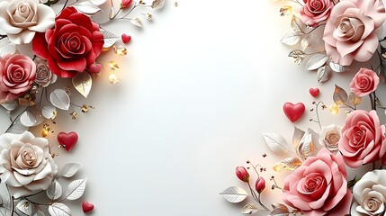 Elegant 3D render of red and white roses with silver leaves and hearts on a white background, perfect for Valentine's Day cards.