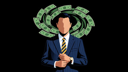Stylized illustration of a faceless businessman in a pinstripe suit with a swirling vortex of dollar bills circling his head representing wealth accumulation and financial focus.