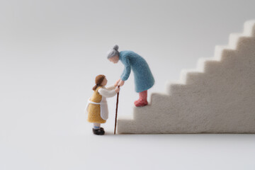 階段を上るお年寄りを助ける女の子のやさしい思いやり（フェルト・3D）まみおデザイン福祉シリーズ
