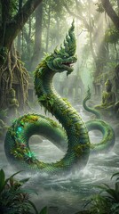 Majestic serpent emerges from misty jungle waters enchanted forest digital art lush environment aerial view mythical creatures
