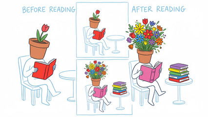 Whimsical illustration depicting the transformative power of reading, showing a flower-headed figure blooming with knowledge and colorful insights after engaging with books.