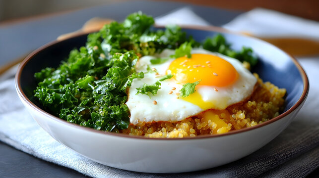 Fried egg served on quinoa with fresh kale and sesame seeds in a healthy breakfast bowl