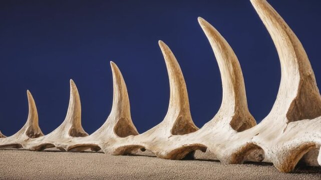 A close-up view of a row of bone-like structures with jagged edges against a dark blue backdrop