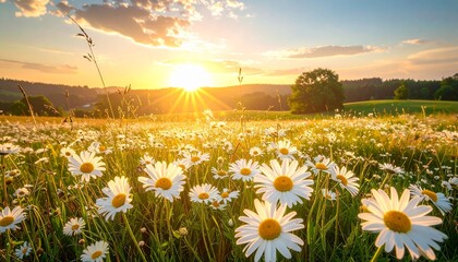 Field of White Daisy Flowers with Sunset in the Background