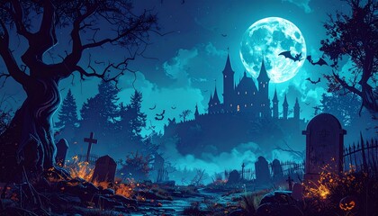 Haunted Graveyard Scene in Death Forest on Halloween Night