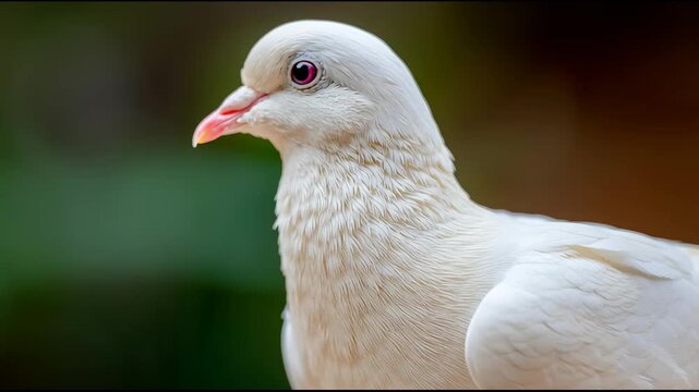 A white dove poses in various close-up angles, showcasing its eyes and feathers in clear daylight, surrounded by a blurred background