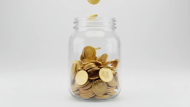 Glass jar gold coin savings money currency finance budget wealth jar economy hope as coins drop deposit, thrift, investment, steady growth