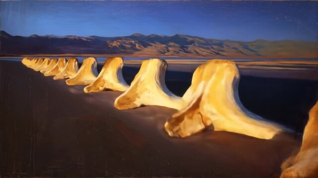 A painting depicts a row of large, bone-like shapes, set against a distant mountain range and a blue sky