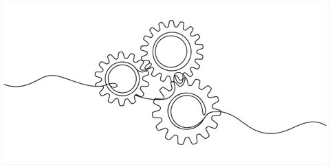 Simple continuous one line drawing of three interlocking gears or cogs. Minimalist technology, process, and engineering vector illustration.  © Abir