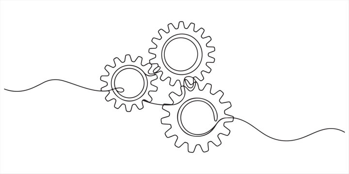 Simple continuous one line drawing of three interlocking gears or cogs. Minimalist technology, process, and engineering vector illustration. 