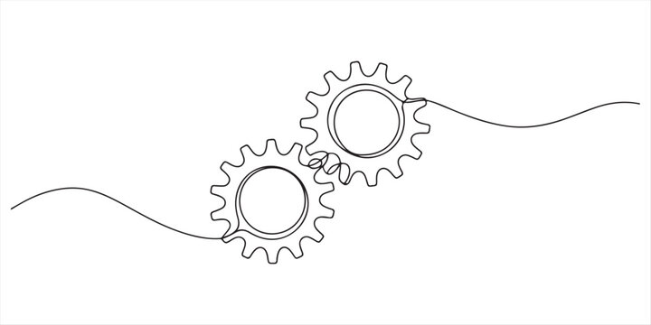 Simple continuous one line drawing of three interlocking gears or cogs. Minimalist technology, process, and engineering vector illustration. 