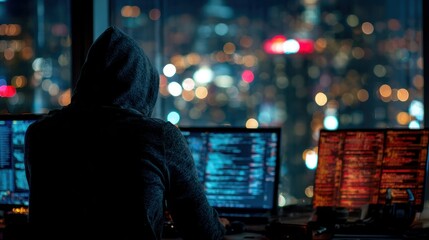 Person in hoodie working on computer at night with city lights in background