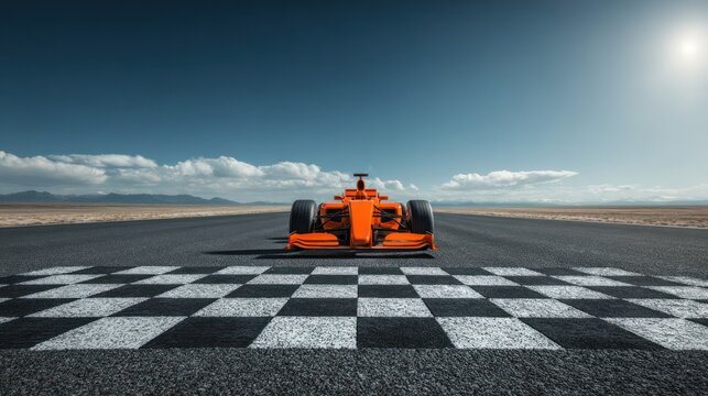 Fast race car on a desert track with checkered flag in the foreground during daytime