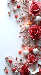 Luxurious 3D red roses with glowing heart candles and gold accents on a white background creating an elegant romantic backdrop.