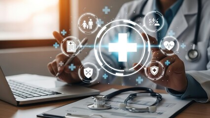 Doctor interacting with a digital healthcare interface showing medical records and insurance icons