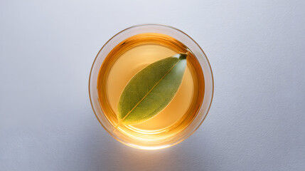 probity. A single bowl of golden consomme with a delicate herb leaf, minimalist and pure. menu design, packaging mockups, designed for food delivery and cloud-kitchen brand materials.