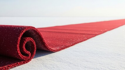 Red carpet unrolling on pristine snow. Winter event concept with luxury and glamour. Path to success with copy space